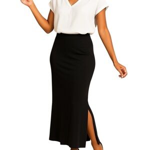 Roz & Ali Small Black Classic Long Maxi Skirt Soft Jersey Knit Side Split Office